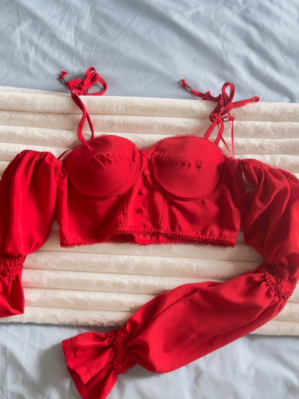 Red Off-Shoulder Bustier Bralette with Puff Sleeves